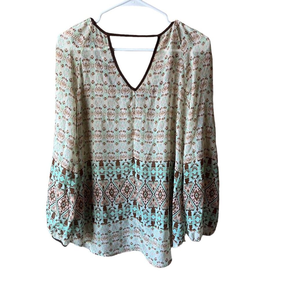 Blu Pepper Vtg. Green Teal / Brown Sheer Top Blouse Sz M Women's Geometric Aztec